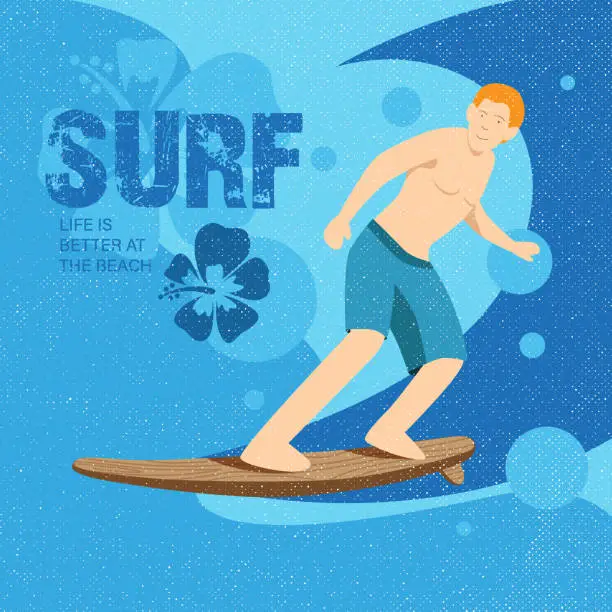 Vector illustration of young man balancing on surfboard with grunge blue background_Surfboard Wave Beach Extreme Sports