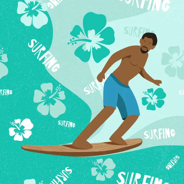 Vector illustration of young man balancing on surfboard with surfing text and flower on background. Surfboard Wave Beach Extreme Sports