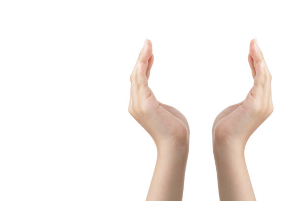 istock Two hands of young woman making figures, with white background and copy space 1410736325