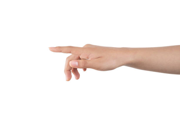 istock Woman's hand pointing with the index finger, with white background and copy space 1410736426