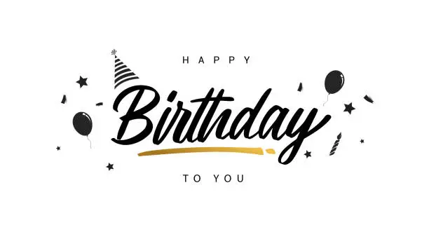 Vector illustration of Happy Birthday.Beautiful greeting card scratched calligraphy black text word golden line. Hand drawn invitation. Handwritten modern brush lettering white background.