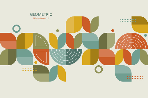 Abstract geometric background, colorful template flat design of mosaic pattern with the simple shape of semi-circles, dots, and lines. Landing page design, Vector Illustration.