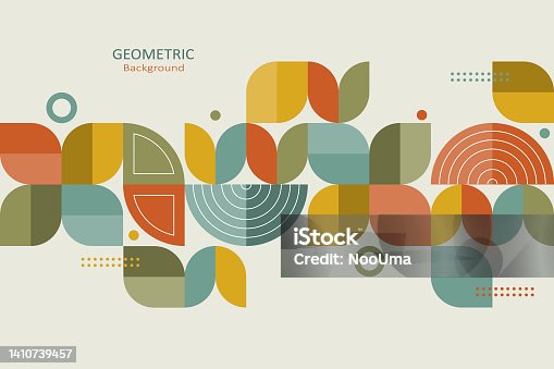 istock Abstract geometric background, colorful template flat design of mosaic pattern with the simple shape of semi-circles, dots, and lines. Landing page design. 1410739457