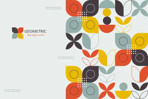Vector illustration of Abstract geometric background, colorful template flat design of mosaic pattern with the simple shape of circles, semi-circles, dots, and lines. Landing page design.