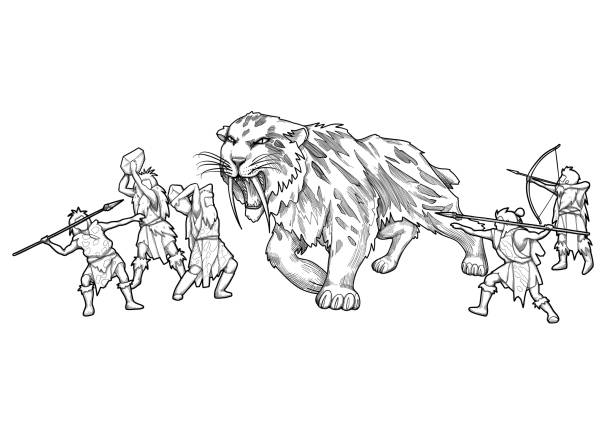 istock Graphic scene of cavemen fighting with a saber-toothed cat 1410740075