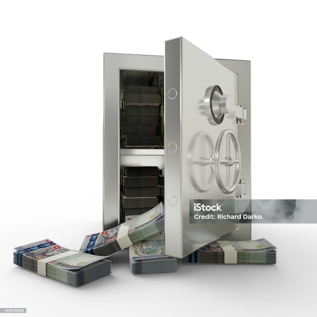 Bundles of 100000 Armenian dram in Steel safe box. 3D rendering of stacks of money inside metallic vault isolated on white background, Financial protection concept, financial safety. Banking Stock Photo