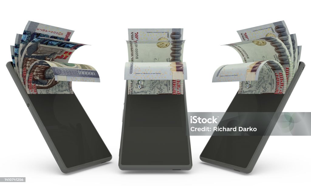 100000 Armenian dram notes inside a mobile phone. money coming out of mobile phone. 3d rendering of set of mobile money transaction concept. money from Phone Balance Stock Photo