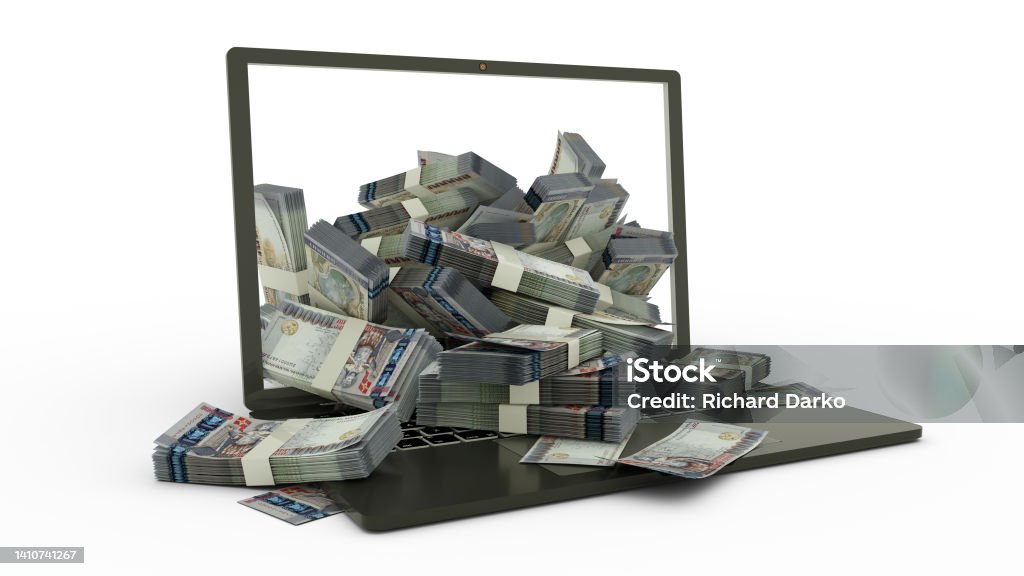 3D rendering of 100000 Armenian dram notes coming out of a Laptop monitor isolated on white background. stacks of Armenian dram notes inside a laptop. money from computer, money from laptop Banking Stock Photo