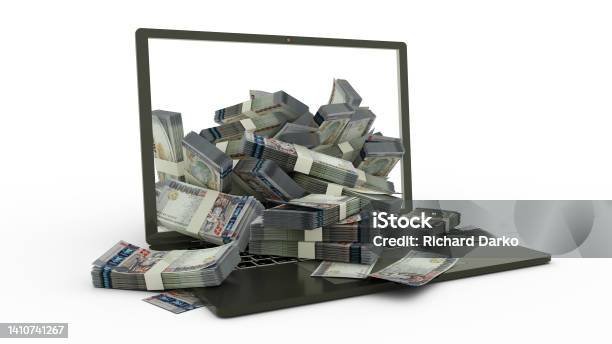 3d Rendering Of 100000 Armenian Dram Notes Coming Out Of A Laptop Monitor Isolated On White Background Stacks Of Armenian Dram Notes Inside A Laptop Money From Computer Money From Laptop Stock Photo - Download Image Now