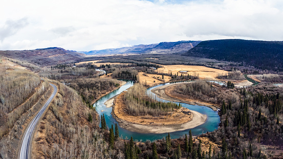 Aerial View of Fraser River, the longest river within British Columbia, Canada.