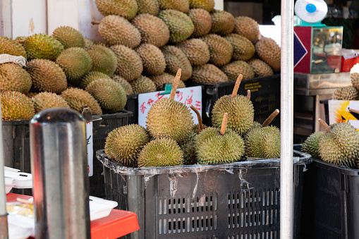 Durians in Chinatown street market in Singapore