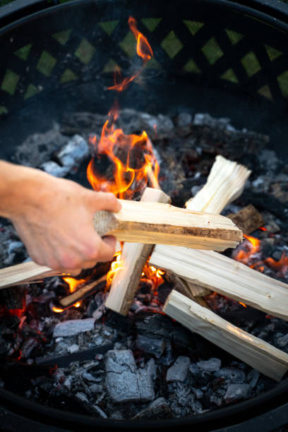 istock Hand putting log in to the fire 1410746491