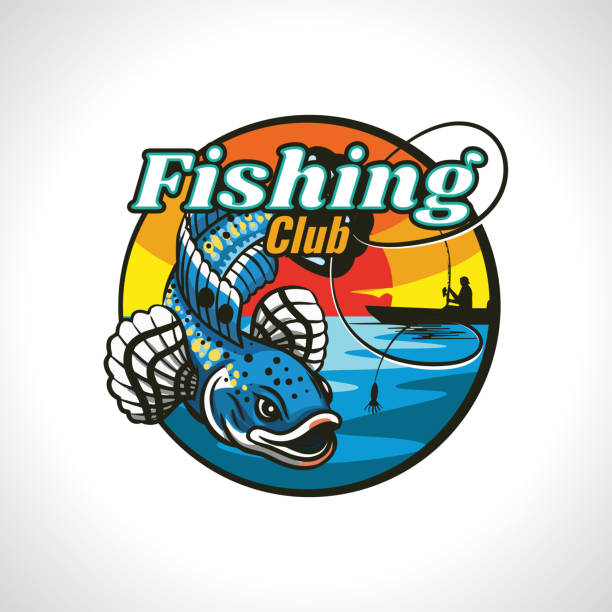 a blue fish predator fishing club illustration a blue fish predator fishing club illustration set fly fishing illustrations stock illustrations