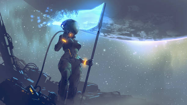 ilustrações de stock, clip art, desenhos animados e ícones de futuristic womanwith glowing flag - spacewoman