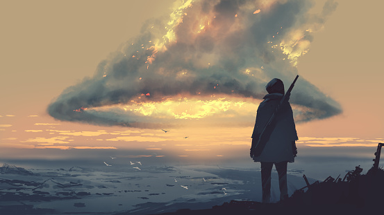 survivor standing at the top of the mountain looking at the huge burning clouds, digital art style, illustration painting
