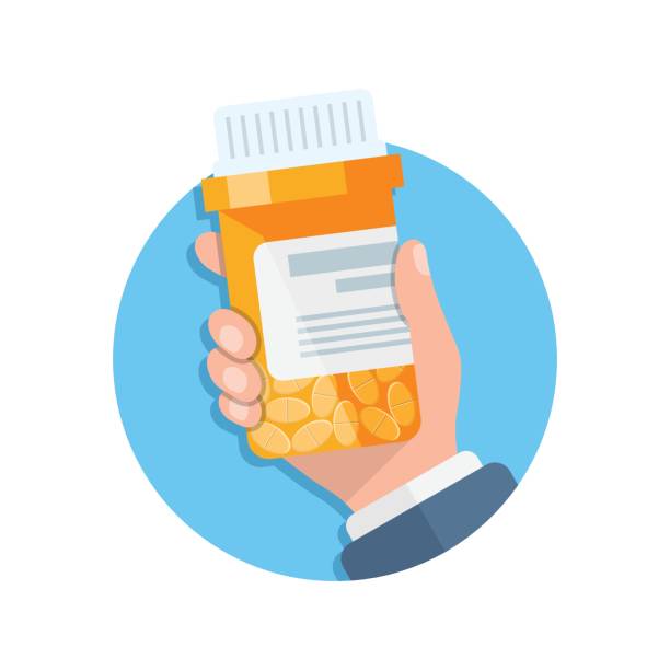 istock Pill bottle in hand illustration in flat style. Medical capsules vector illustration on white isolated background. Pharmacy sign business concept. 1410750766