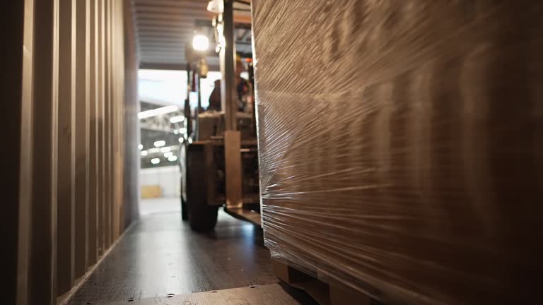 Asian electric forklift truck operator drive and lifts pallet with carton goods, moving out from container on truck to be stored in the store room. Employee working in distribution center or retail warehouse. Logistics and cargo transportation.