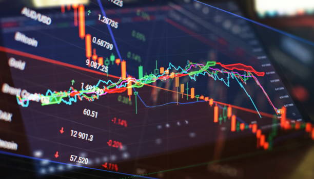 istock Technical price graph and indicator, red and green candlestick chart on blue theme screen, market volatility, up and down trend. Stock trading, crypto currency background. 1410757215