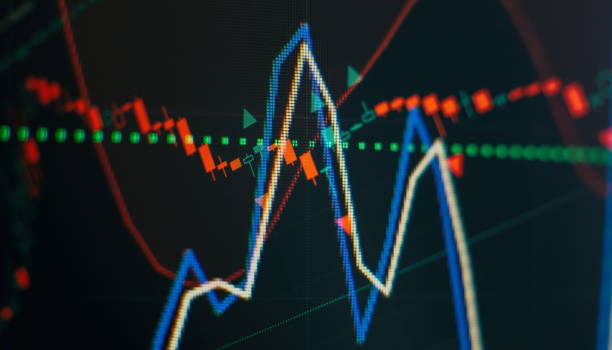 istock Technical price graph and indicator, red and green candlestick chart on blue theme screen, market volatility, up and down trend. Stock trading, crypto currency background. 1410757218