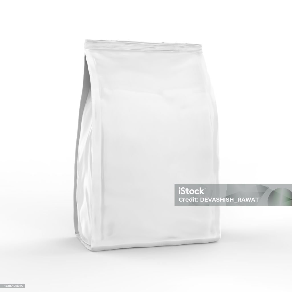 Blank white foil or paper food stand up pouch mockup, snack sachet bag packaging mock up, 3d render illustration Animal Pouch, Packaging, Coffee - Drink, Template, Bag Animal Pouch Stock Photo