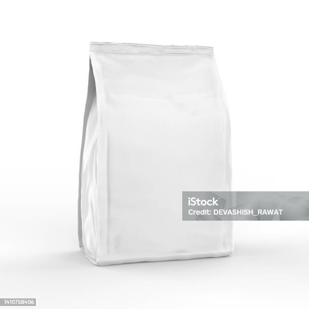 Blank White Foil Or Paper Food Stand Up Pouch Mockup Snack Sachet Bag Packaging Mock Up 3d Render Illustration Stock Photo - Download Image Now