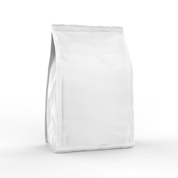 pusta biała folia lub papierowa makieta torebki na żywność, makieta opakowania saszetek z przekąskami, ilustracja renderowania 3d - airtight food box package zdjęcia i obrazy z banku zdjęć