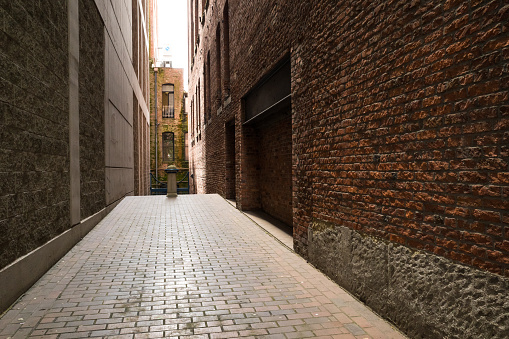 Seattle, USA - Jul 6, 2022: An old 1900's alley in Pioneer Square on 2nd ave in downtown late in the day.