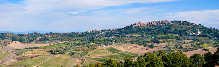 Panoramic view of Montepulciano, a historic hill town in the province of Siena (3 shots stitched)