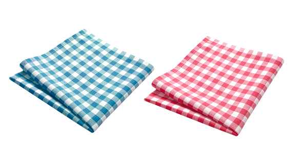 Red and blue checkered tablecloth top view isolated on white, food decor design element.Folded kitchen towel. Picnic cloth.Napkin.