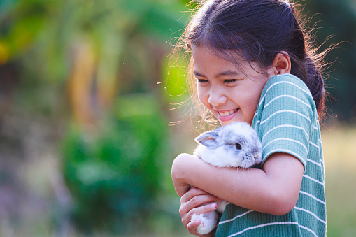 Close up shot of an adorable baby bunny sleeping while gently cradled in an unrecognizable person's hands.