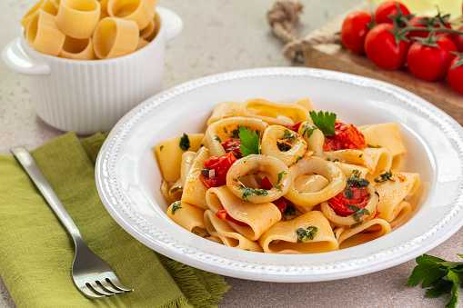 Italian pasta with calamari and tomato sauce. Calamarata is a kind of thick ring pasta paccheri, with sliced squid. Originates from Naples, the South of Italy. Raw paccheri on background.