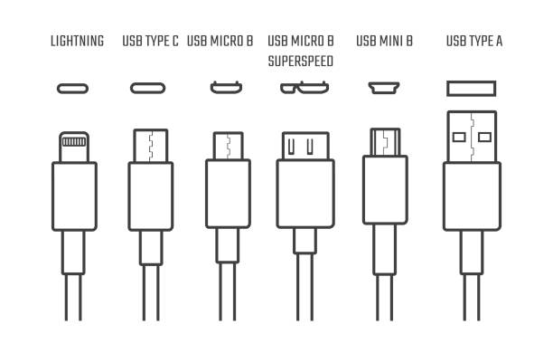 Usb cables icons Usb cables icons. Electronic device input cable cords, internet charging wires signs, lightning micro usb types for mobile phone connector plugs phone charger cable stock illustrations