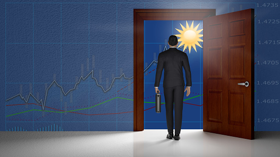 3d illustration. Businessman in front of open door from which the future can be seen, represented as bright sky, is walking towards success in economics and finance.