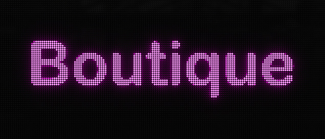 Shining LED screen with the word Boutique in purple. Retail, fashion and shopping concept. 3D illustration