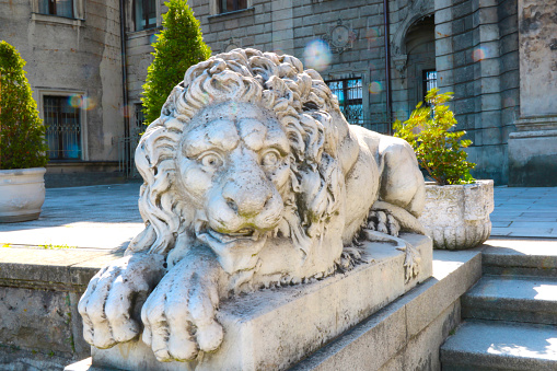 Moszna, Poland, August 14, 2021: beautiful concrete sculpture of a lion near the castle