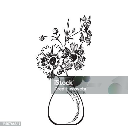 istock Hand drawn bouquet chrysanthemum in vase. Engraving sketch. Isolated black lines on white background. Vector illustration, greeting card, birthday, branding design, print, postcard, decor, wedding 1410766341