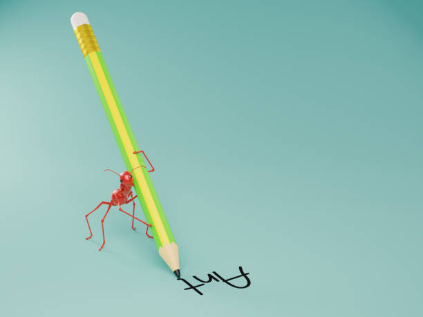 jeden czerwony model 3d mrówki używa ołówka do pisania słowa mrówka w języku angielskim na jasnogranatowym zielonym tle 3d rendering ilustracja edukacja edukacja i nauka alfabetu angielskiego - ant comedian zdjęcia i obrazy z banku zdjęć