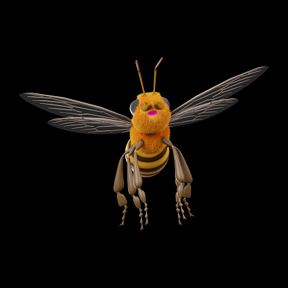 Model for one bee isolated from black backgrounds 3D cartoon character for bee with facial and body hair along with yellow and brown color 3D rendering illustration