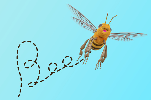 3D model for one bee in flight is the word bee in English isolated on blue sky concept for learning English alphabet with cute animal or insect characters for kids 3D rendering illustration