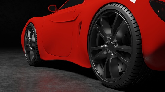 Close up side view glossy red sport car concept model in a black 3D rendering vehicle wallpaper backgrounds