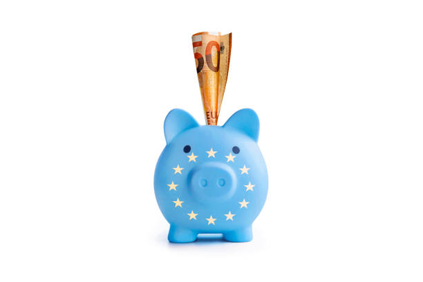 piggy bank with painting of flag european union isolated, white background. the problem is in the economy. the economic crisis. saving money concept. - european union coin european union currency coin isolated objects imagens e fotografias de stock