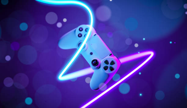 istock Gamepad on neon background with bokeh effect and neon line effect 1410771211