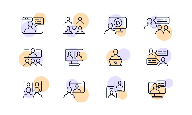 Communication at work set icon. Employee, subordinates, online conference, meeting, computer, phone, speech bubble, presentation. Business concept. Vector line icon for Business and Advertising Communication at work set icon. Employee, subordinates, online conference, meeting, computer, phone, speech bubble, presentation. Business concept. Vector line icon for Business and Advertising. divergent movie review stock illustrations