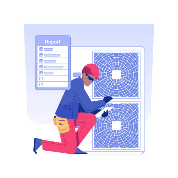 HVAC inspection isolated concept vector illustration. HVAC inspection isolated concept vector illustration. HVAC inspector checking heating and cooling systems at commercial construction, circulation and ventilation maintenance vector concept. air quality stock illustrations