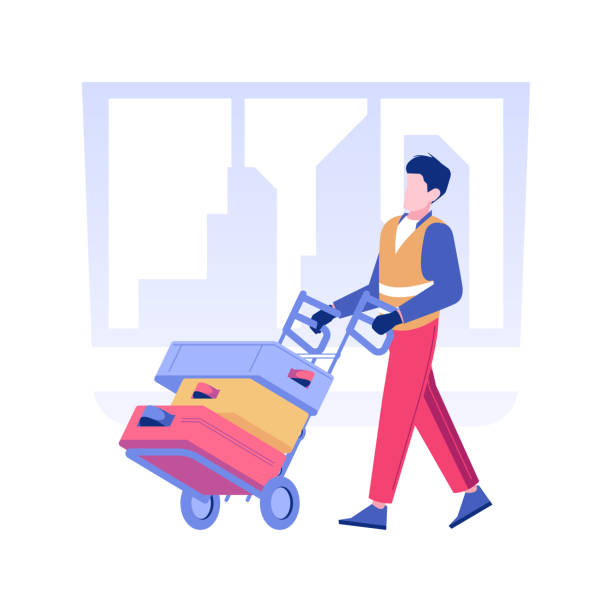 Porter service isolated concept vector illustration. Porter service isolated concept vector illustration. Porter service man carrying the passengers suitcases, business class travel, making travelling easy, guest greeting vector concept. airport porter stock illustrations
