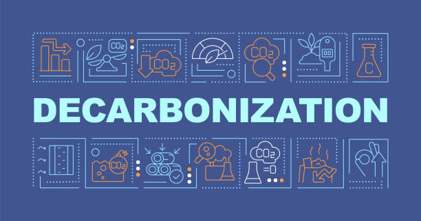 Decarbonization word concepts dark blue banner Decarbonization word concepts dark blue banner. Protect ecology. Infographics with editable icons on color background. Isolated typography. Vector illustration with text. Arial-Black font used low carbon economy stock illustrations