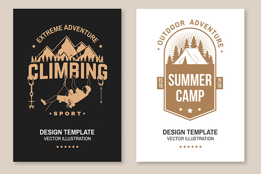 Set of camping inspirational quotes. Vector. Concept for flyer, brochure, banner, poster. Vintage typography design with camper tent, climber, carabiners, climbing cams, hexes and mountain silhouette