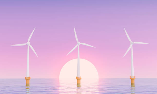 istock 3d rendering offshore wind farm with sunset in background. 1410773202