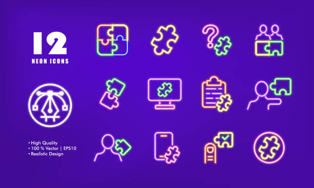 Work tasks with puzzles set icon. Solve problems, perform, question mark, people, computer, clipboard, phone, checkmark, employee, finger. Business concept. Neon glow. Vector line icon for Business Work tasks with puzzles set icon. Solve problems, perform, question mark, people, computer, clipboard, phone, checkmark, employee, finger. Business concept. Neon glow. Vector line icon for Business. difficult conversation workplace stock illustrations