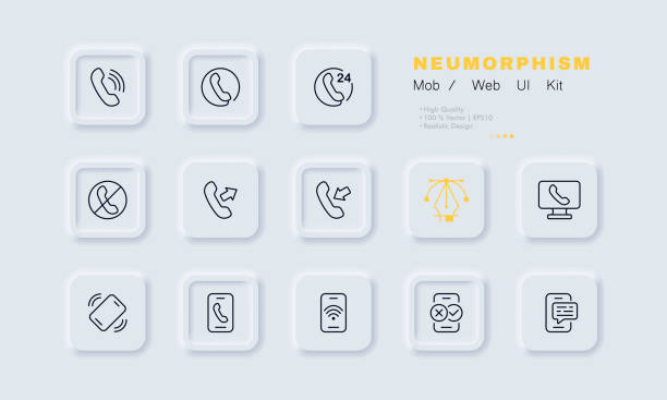 ilustrações de stock, clip art, desenhos animados e ícones de phone services set icon. landline, call, 24, around the clock, incoming, outgoing, computer, wifi, tick, cross, accept, decline, message. business concept. neomorphism. vector line icon for business - asking on the phone call center customer service representative